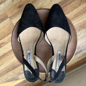 Manolo Blahnik Aspro Black Suede Slingback Flats / Low Block Heel – Size 41